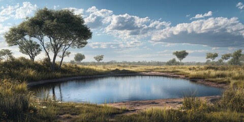 Savannah waterhole featuring precise focus and generous space for text, allowing for clear emphasis on the scenes elements within the expansive setting.