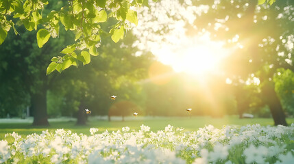 Sunny meadow with blooming flowers, trees and bees flying at sunset.