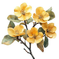 Naklejka premium A yellow flower with green leaves is on a branch. Generative AI