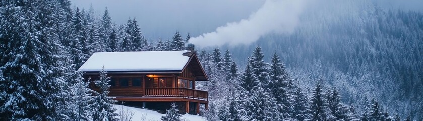 Wood cabin in the mountains, chimney smoke rising, pine trees covered in snow, cozy retreat