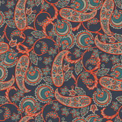 Seamless pattern with paisley ornament. Ornate floral decor for fabric. Vector illustration