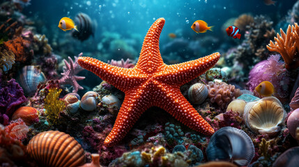 A bright orange starfish resting on the ocean floor, surrounded by colorful coral and shells, with small fish swimming above, highlighting the beauty and variety of marine life