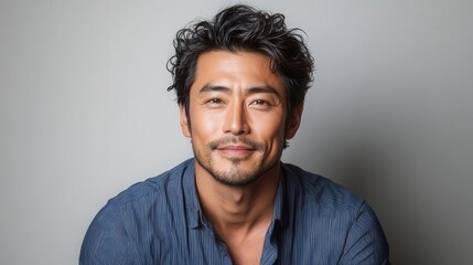 Obraz premium mid-shot of a handsome asian man wearing a blue striped shirt and black jeans, smiling confidently against a clean white background, radiating approachability and style