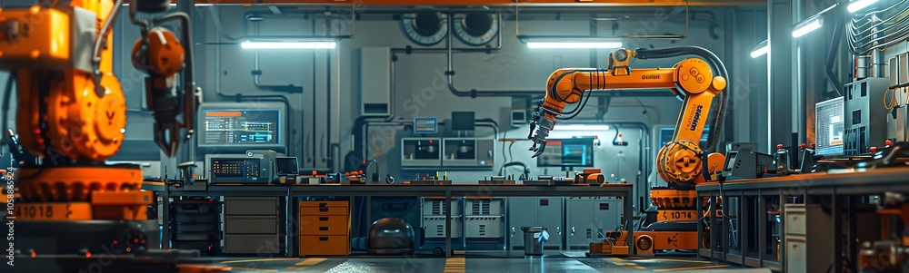 Aufkleber A high-tech robotics lab featuring industrial robotic arms and a futuristic workspace illuminated with cool, ambient lighting.
