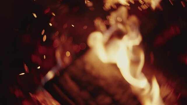 Slow motion Macro shot of wood logs burning in a campfire with sparks and smoke