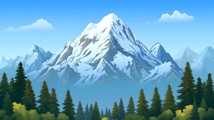 Fototapeta premium A snow-capped mountain peak with a lush forest in the foreground.