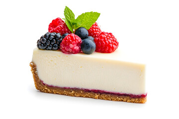 A slice of cheesecake with a berry topping, isolated on white background	