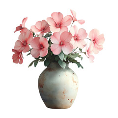 A vase filled with pink flowers sits on a white background. Generative AI