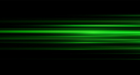 Green laser beams isolated on black background. Abstract light effect. Green lens flash. Horizontal rays glowing in the dark. Speed ​​vector illustration, road.