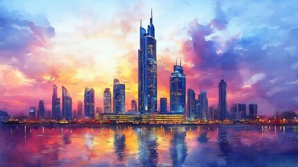 Obraz premium Watercolor illustration of the Emirates Tower in Dubai capturing its elegance