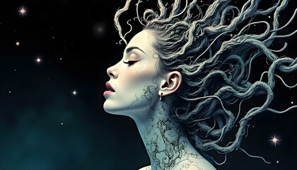A surreal portrait of a woman with an angular jawline, with flowing, abstract black and white patterns and swirls, against a shadowy background with a dramatic display of stars and cosmic textures.