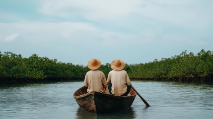 Two fishermen in a wooden boat navigate through a serene waterway surrounded by lush mangroves under a cloudy sky.