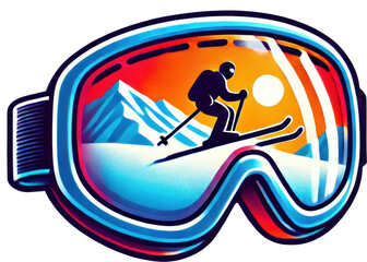 Reflection of a skier on snowy mountain in ski goggles at sunset. Concept of winter sports and adventure.