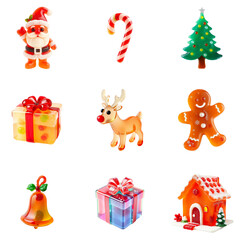 Christmas cute cartoon jelly decorations including Santa, reindeer, candy cane, gingerbread, christmas tree, christmas bell, house and gifts isolated on a transparent background
