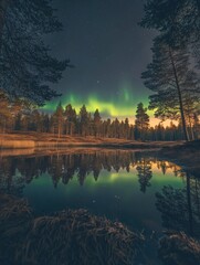 Fototapeta premium Aurora borealis reflection on calm water