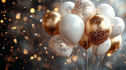 White and golden birthday balloons with presentation design, leaving space for text in the center