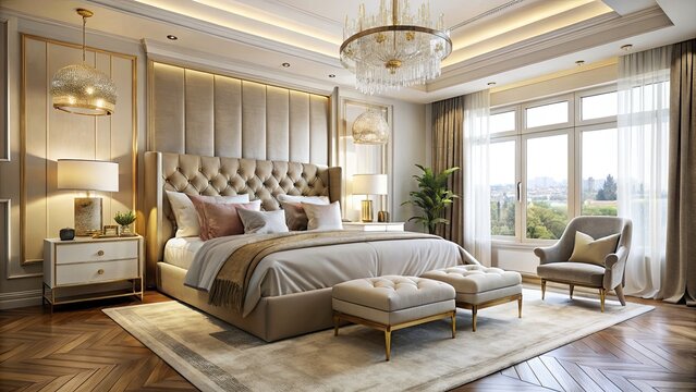 Luxurious Bright Bedroom Interior with King Size Bed and Modern Furniture in Expensive Mansion - Elegant Architecture and Interior Design Inspiration for High-End Residential Spaces