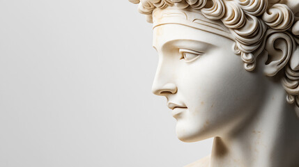 Close-up profile view of a classical marble statue head, focusing on the intricate curls and serene expression, capturing the detail and artistry of ancient sculpture.