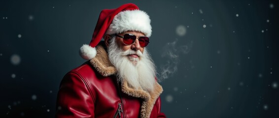 Hipster Santa Claus wearing stylish red leather jacket and sunglasses, surrounded by falling snow....