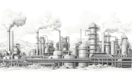 smokestacks manufacturing black and white line drawing