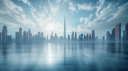 Fototapeta premium Urban Skyline with Central City View Featuring Pathway and Parking Area for Automotive Advertising