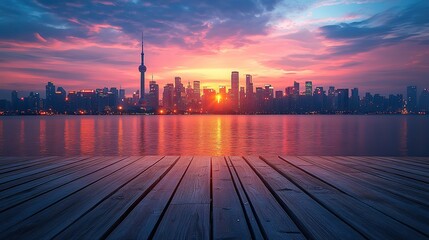 Wooden floor and city skyline at sunset, perfect for product display or banner promotion