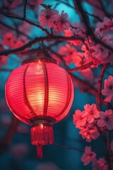 Obraz premium Red lantern among pink flowers