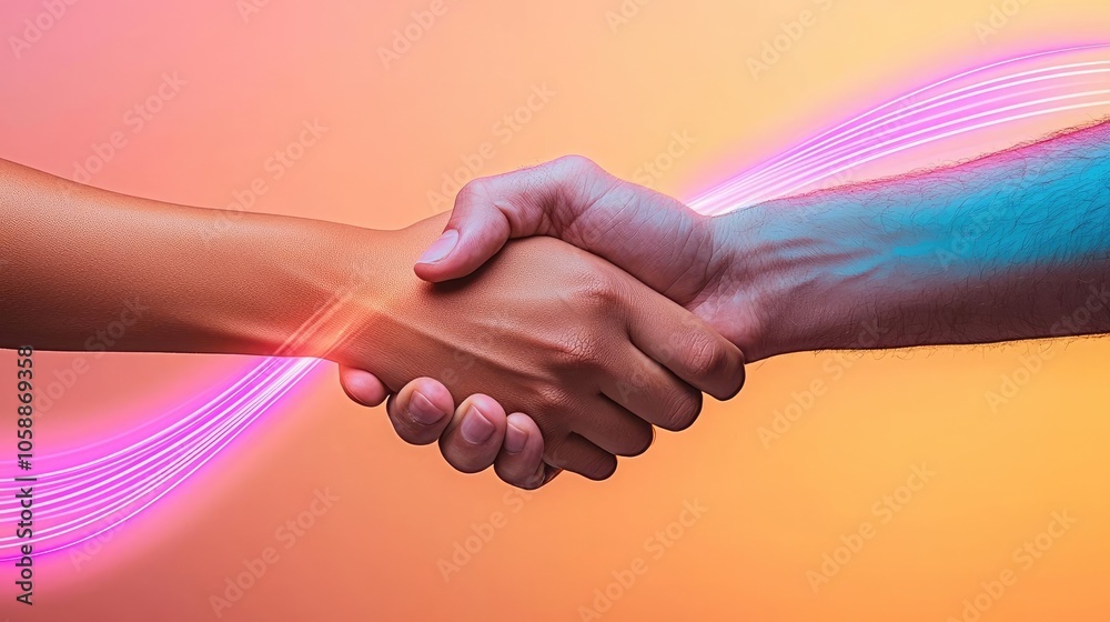 Poster two hands shaking in collaboration with a colorful gradient background.