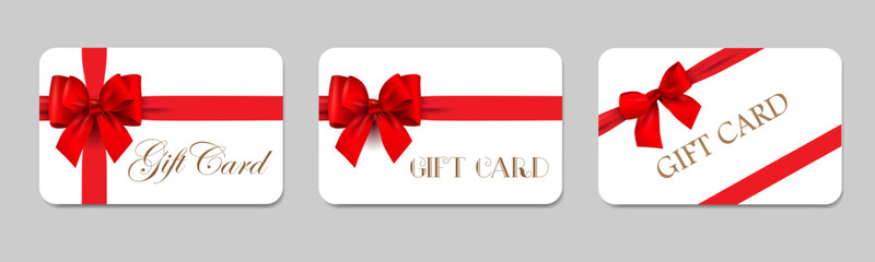 Gift card design template with red bow and ribbon