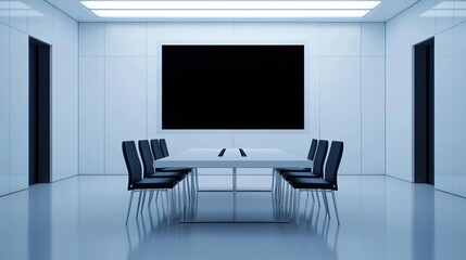 Minimalist meeting space with white panel decor, black accents, and large LED screen for presentations