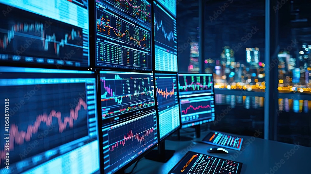 Poster Modern trading workspace with multiple screens displaying financial charts.