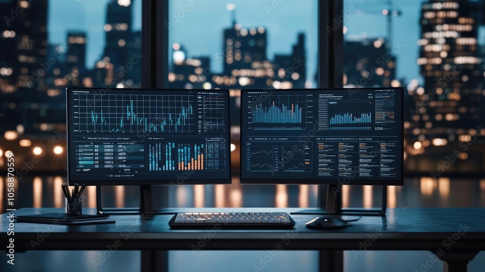 Poster modern workspace with dual monitors displaying financial data and city skyline view.