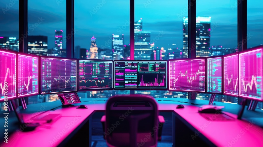 Aufkleber Futuristic office with multiple monitors displaying data analytics.