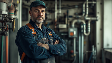 Confident skilled plumber posing in a factory, demonstrating expertise and professionalism in industrial plumbing
