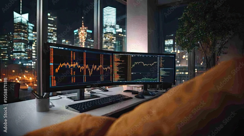 Poster Home office setup with multiple monitors displaying financial data and city skyline.