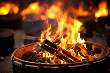 A vibrant flame dances above a basket filled with firewood, casting a warm glow