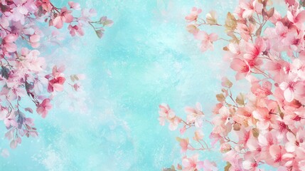 A serene background featuring soft pink floral elements against a tranquil blue backdrop, creating a calming and aesthetic atmosphere.