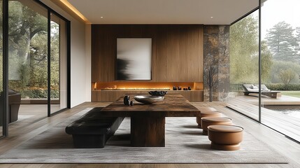 minimalist dining room featuring modern design elements and abstract wood paneling, emphasizing elegance and simplicity in a serene, inviting atmosphere