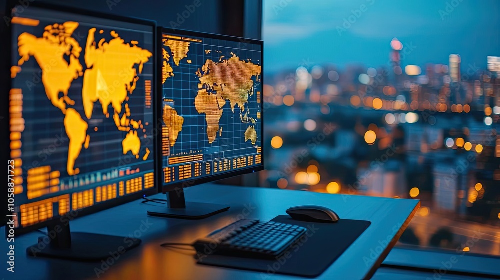 Poster Dual monitors displaying world maps and data analytics at dusk, city lights glowing outside.