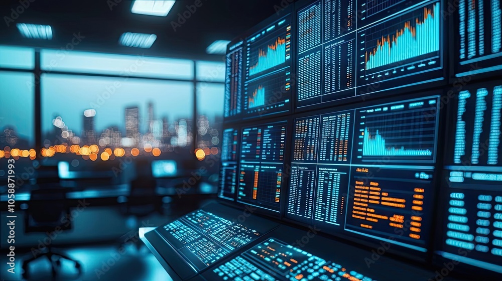Aufkleber high-tech trading screens displaying market data in a modern office