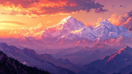 Panoramic view of a stunning sunset highlighting the majestic peaks of Mt. Dhaulagiri and Annapurna from a scenic viewpoint, with ample space for text.