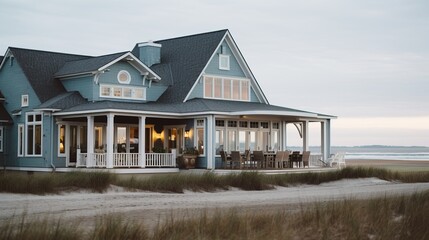 Coastal home with a spacious porch and scenic view at dusk near the shoreline