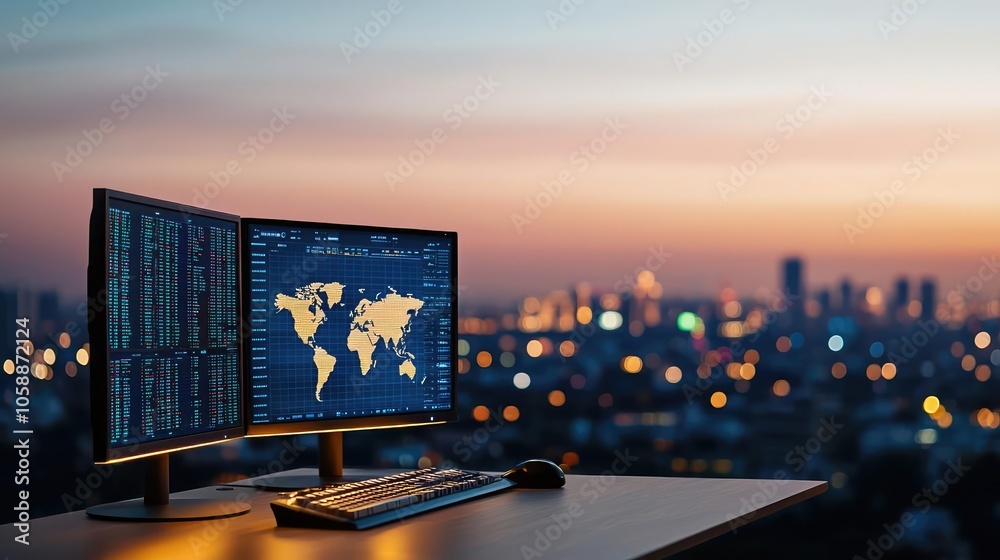 Poster Modern workspace with dual monitors displaying data against a sunset skyline.