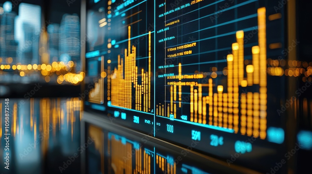 Poster financial data analysis on screen, with glowing graphs and city backdrop.