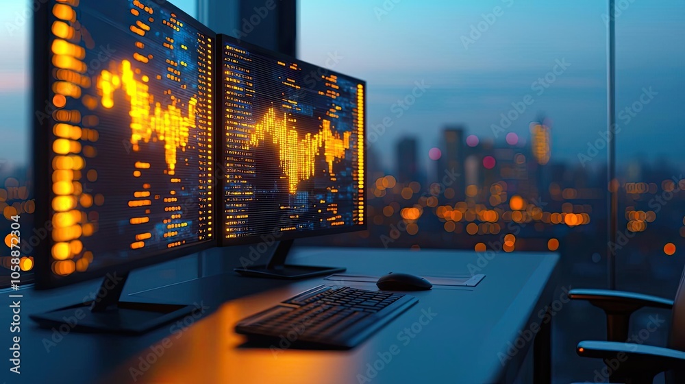 Poster modern workspace with dual monitors displaying data trends and city skyline.