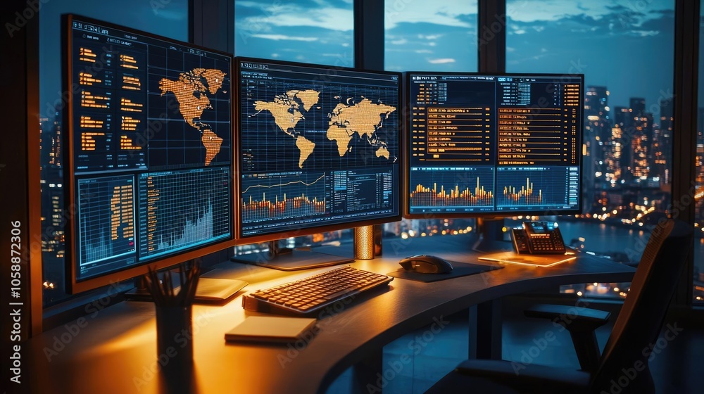 Aufkleber Modern workspace with multiple monitors displaying data analysis at night.