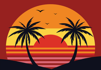 Illustration of sunset with the palms on colorful background