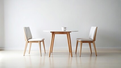 Obraz premium Minimalist Table and Two Chairs in Rule of Thirds on White Background for Modern Interiors, Design Projects, and Lifestyle Concepts