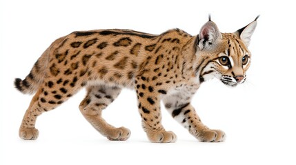 Fototapeta premium Wild Lynx Walking Isolated on White Background Feline Predator Nature Wildlife Animal