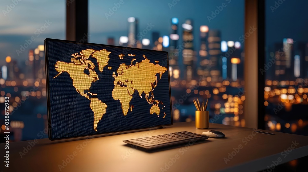 Poster modern workspace with a world map on a screen and city skyline at night.